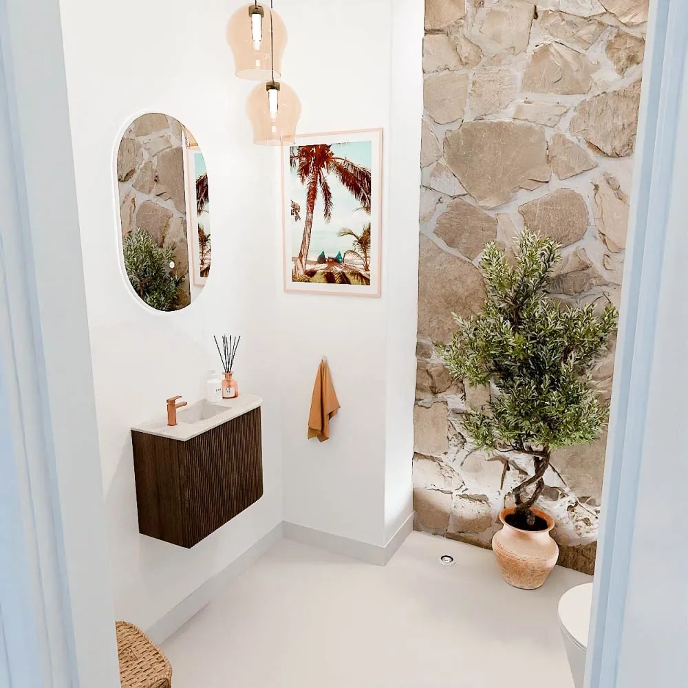 Mondiaz Joya DLux 50cm toiletmeubel ronding rechts walnut met wastafel faye links 1 kraangat ostra