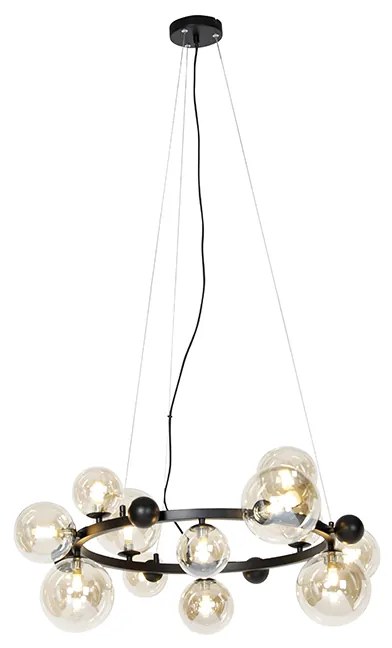 Smart hanglamp met dimmer zwart met amber glas 12-lichts incl. 12 Wifi G9 - David Art Deco G9 bol / globe / rond rond Binnenverlichting Lamp
