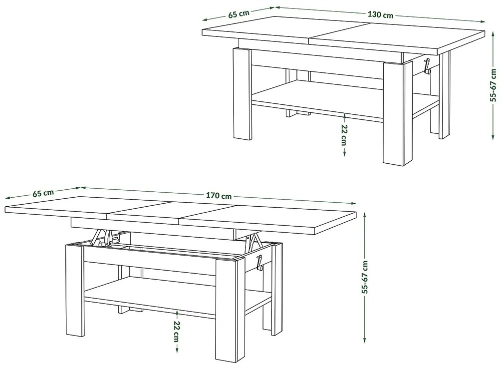 RIO eiken artisan / beige - KOFFIETAFEL, UITSCHUIFBAAR MET HEFFUNCTIE VOOR HET BLAD