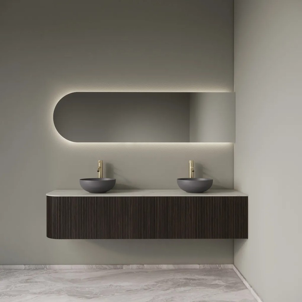 Gliss Design Alluro badmeubel ribbelfront met ronding links 180cm ebony en wit marmer toppaneel