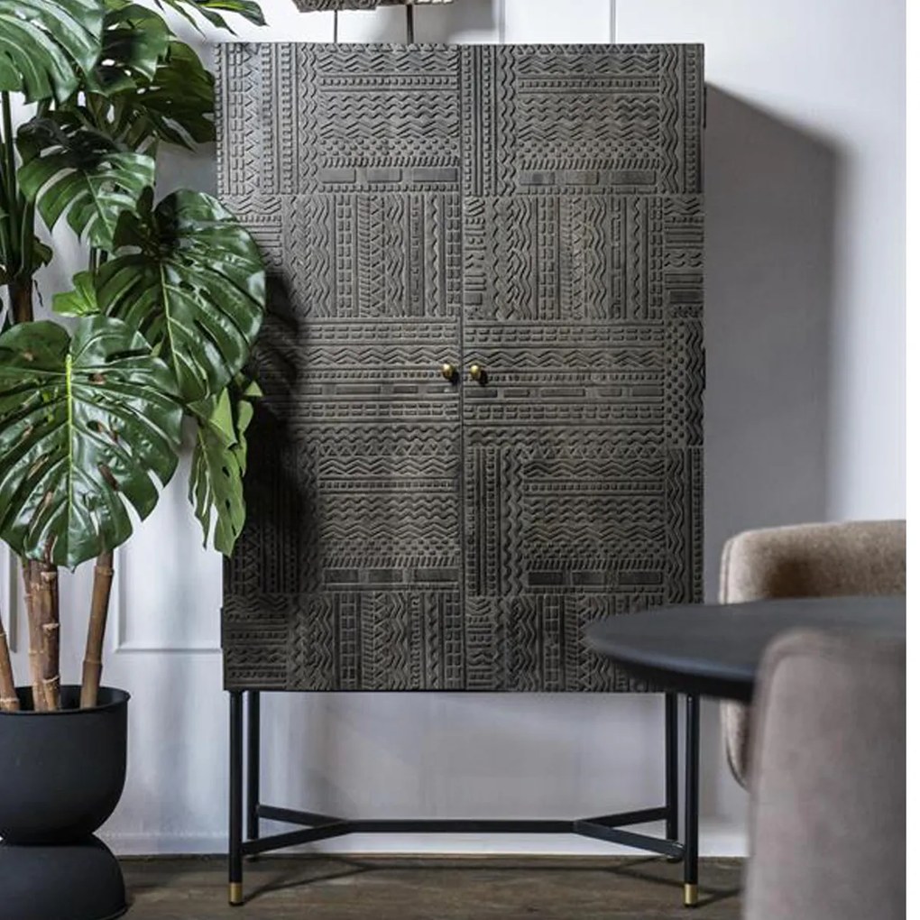 Eleonora Isa Grijze Kast Mangohout Met Snijwerk - 90x40x160cm.