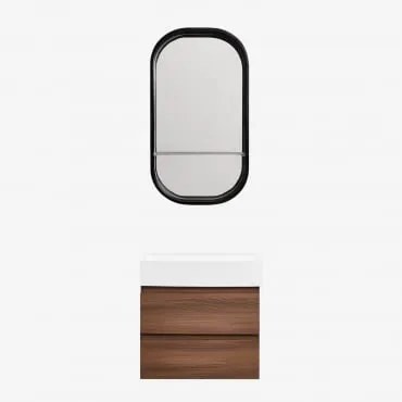 Badkamermeubelset Van Hout En Essenhoutfineer Met Geïntegreerde Wastafel Ona Donker Hout & Ovaal Met Plank Zwart 50x90 Cm Warien & Zonder Kraan -