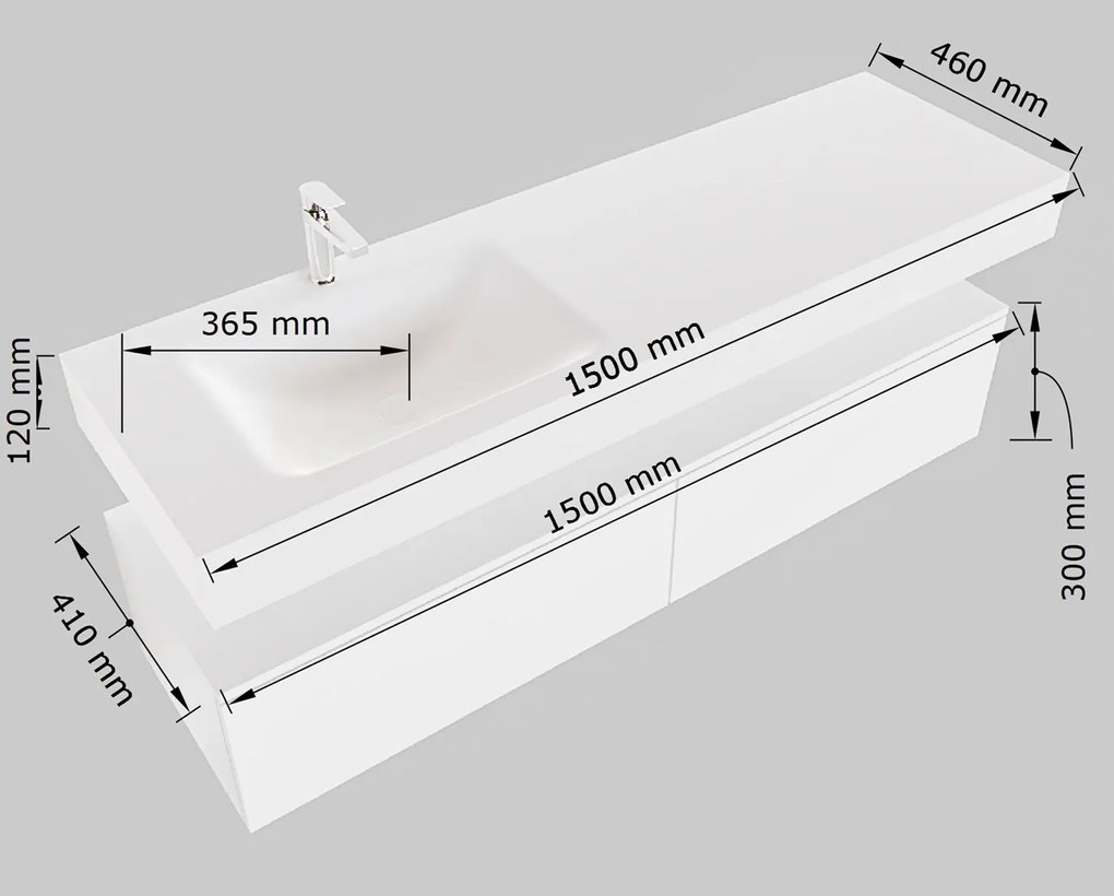 Mondiaz Alan DLux badmeubel 150cm dark grey 2 lades met wastafel glace links zonder kraangat