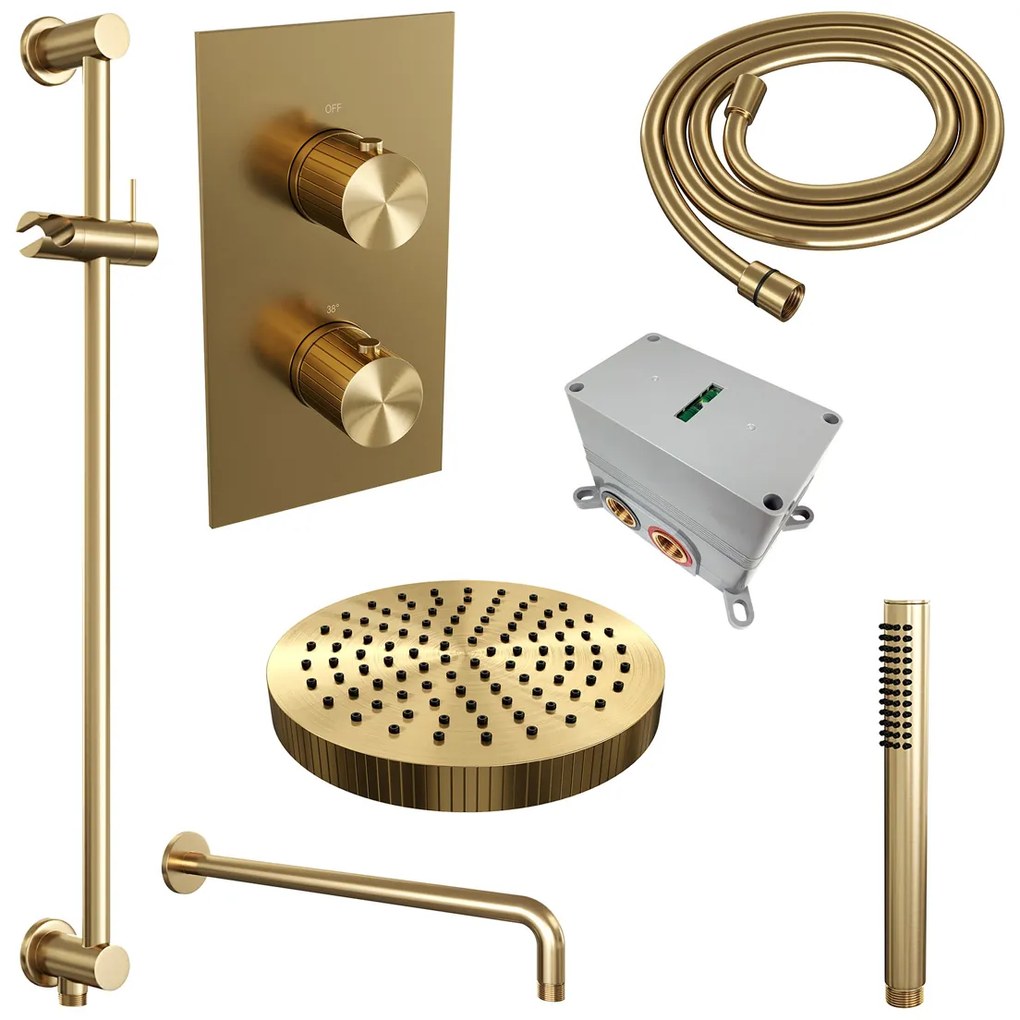 Brauer Stripe inbouw regendouche met 25cm hoofddouche, met gebogen muurarm, glijstang en staafhanddouche set 20 messing geborsteld PVD