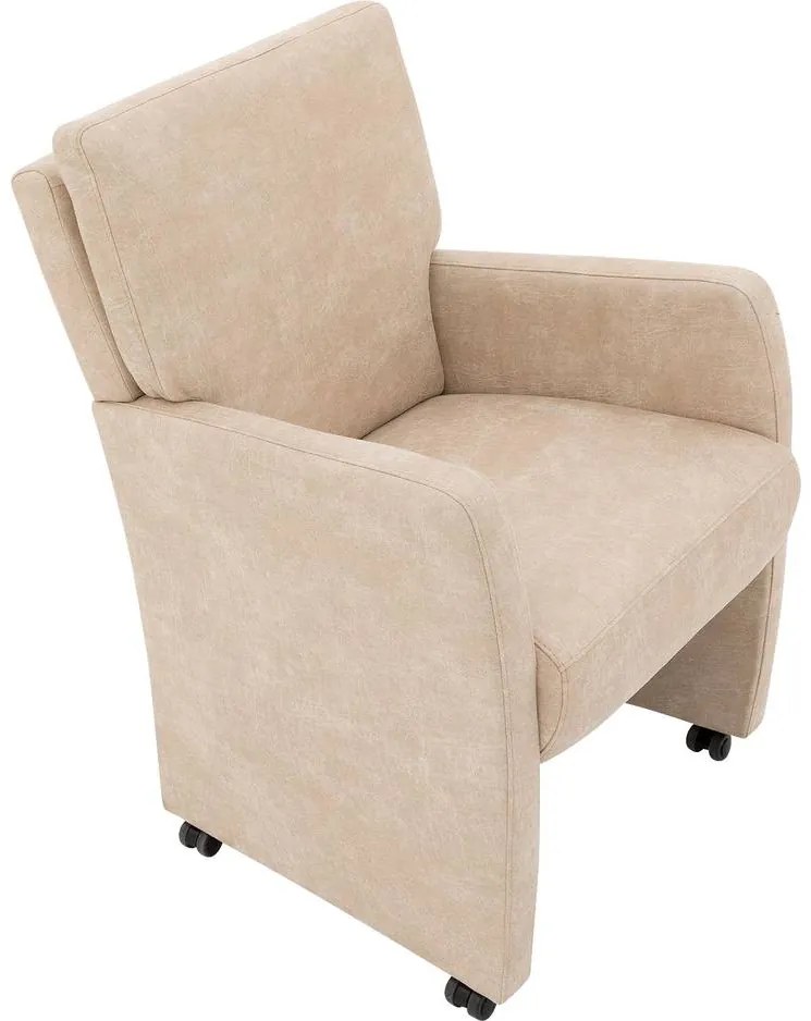 Goossens Eetkamerstoel Leen beige micro leer met armleuning en met wielen, stijlvol landelijk