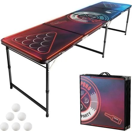 VEVOR opvouwbare bierpongtafel 2,4 x 0,6 x 0,7 m met ledverlichting, in hoogte verstelbare bierpongtafel, draagbaar met handvatten en 6 tafeltennisballen, ideaal voor op kantoor, barbecues, reizen en kamperen.