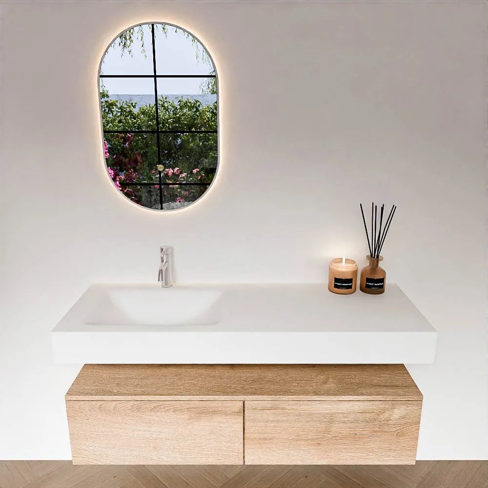 Zaro Alan badmeubel 130cm washed oak 2 lades met vrijhangende wastafel cloud links 1 kraangat talc