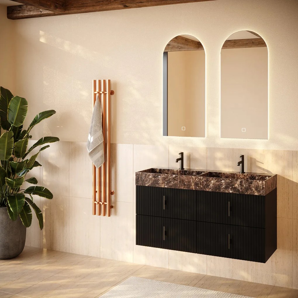 Muebles Murcia badmeubel ribbelfront 120cm zwart mat met Dark Emperador wastafel met kraangaten
