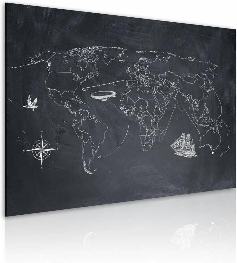 Schilderij - Wereldkaart - Reis rond de Wereld, Krijtbord Look, Zwart-Wit