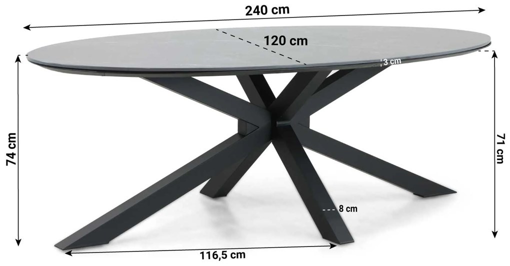 Tuinset 6 personen 240 cm Aluminium/rope Zwart Hartman Cairo/Cervola