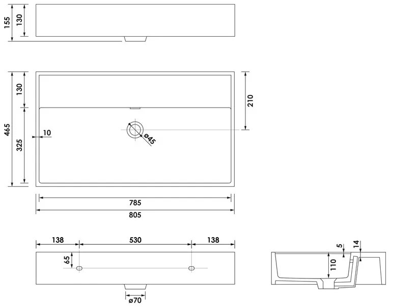 Brauer Lunar wastafel keramiek 80cm zonder kraangat zwart mat