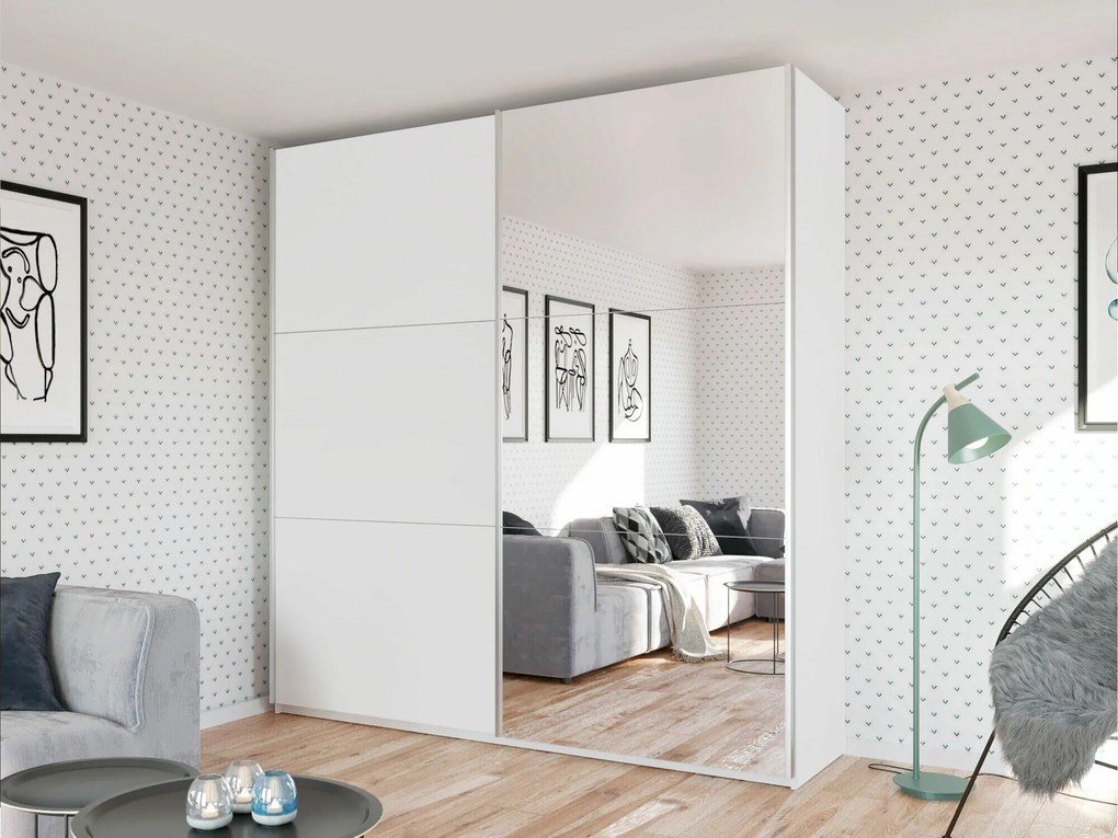 Kledingkast Honolulu 232, Wit, 244x225x65cm, Kledingkast deuren: Schuivend, Aantal planken: 9, Aantal planken: 9