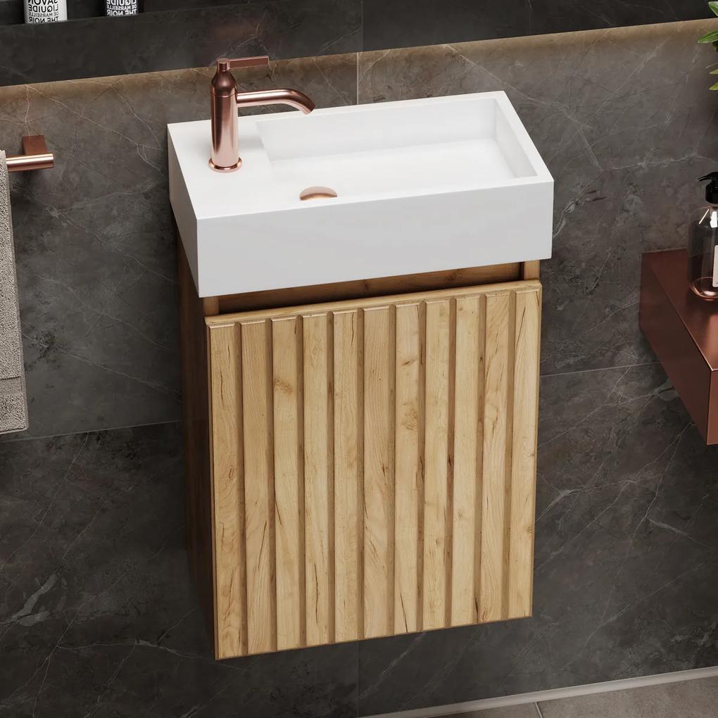 Fontana Alaska toiletmeubel ribbelfront warm eiken 40x22cm met solid surface fontein links