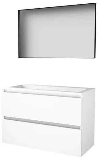 Basic-Line Framed 46 badkamermeubelset - 100x46cm - greeploos - 2 lades - acryl wastafel - 2 kraangaten - Spiegel - mat zwart aluminium frame - rondom - MDF lak Ice White 1813885