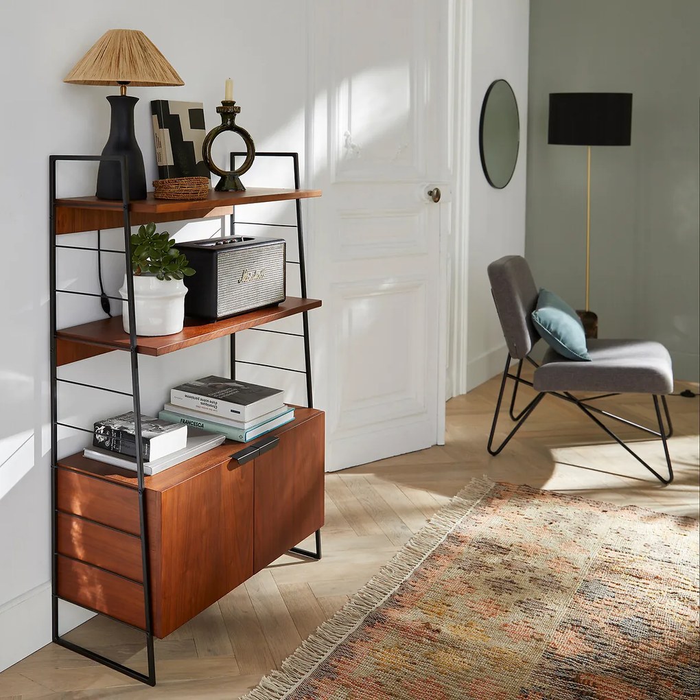 Boekenkast in staal en walnootfineer, hoogte 123 cm, WATFORD