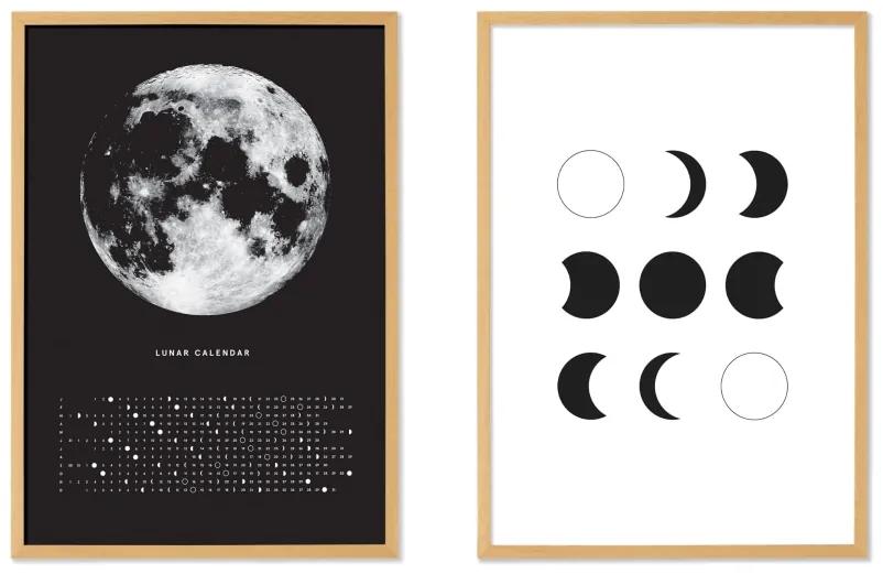 Moon Phase Diary set van 2 ingelijste prints, A3, zwart & wit