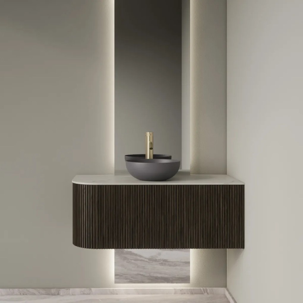 Gliss Design Alluro badmeubel ribbelfront met ronding links 100cm charcoal en wit marmer toppaneel