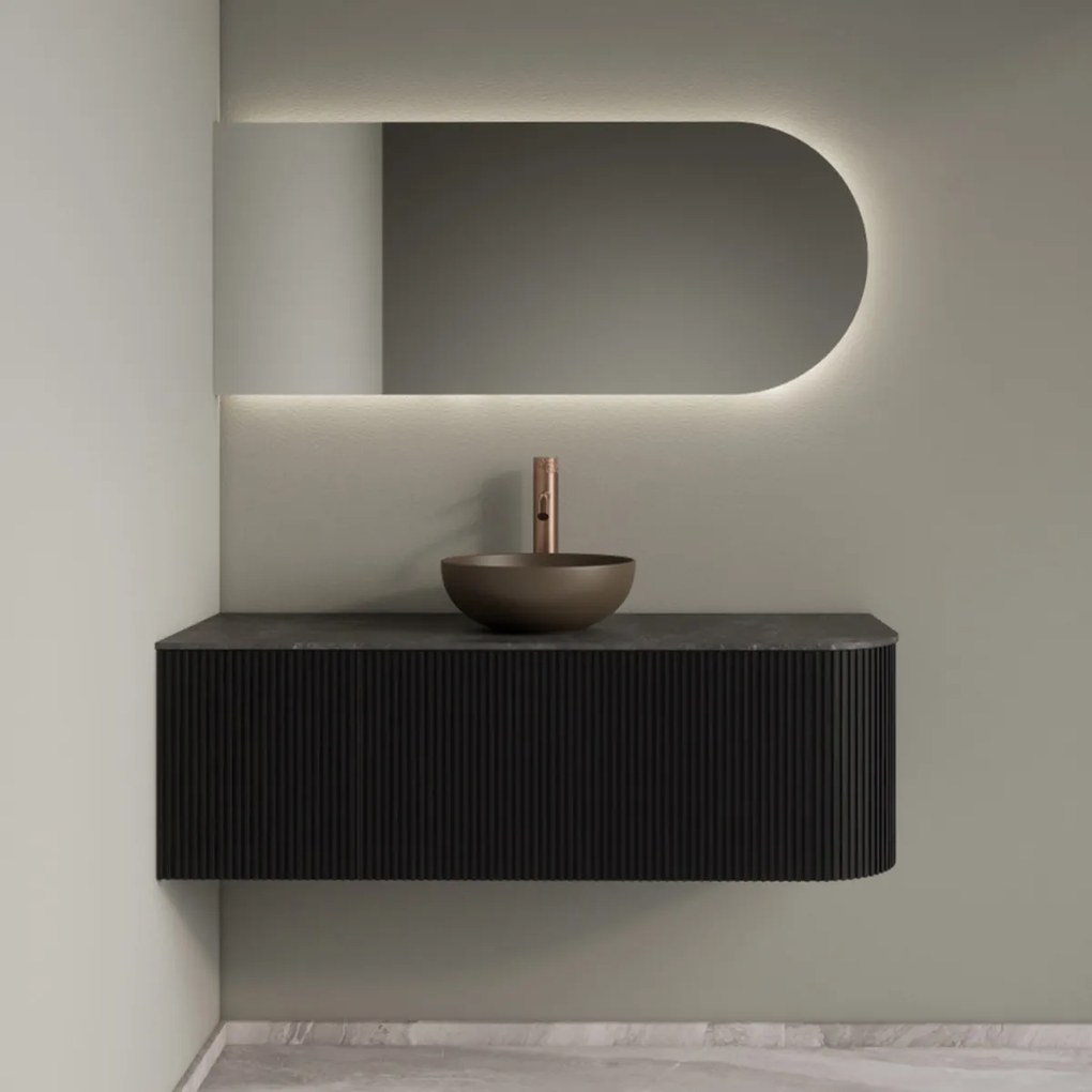 Gliss Design Alluro badmeubel ribbelfront met ronding rechts 120cm black en zwart leisteen toppaneel