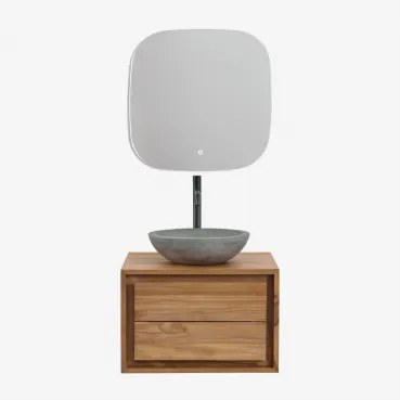 Jabari Zwevend Badkamermeubelset Van Teakhout Teakhout & Rond Grijs Cement Ø40 Cm Tarsis & Vierkant Led En Anticondens 75x75 Cm Riben & - Sklum