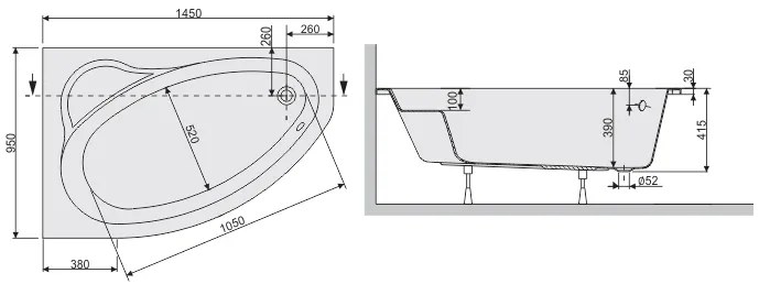 Plazan Ekoplus hoekbad 145x95cm wit links inclusief potenset