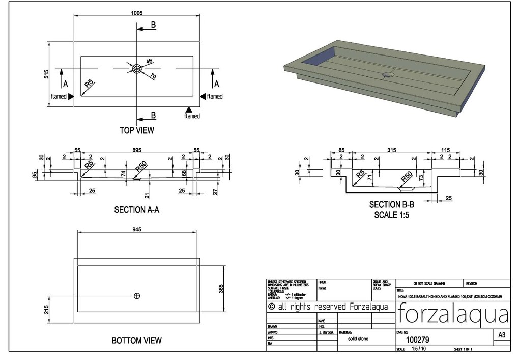 Forzalaqua Nova wastafel 100x50cm zonder kraangat carrara gekapt