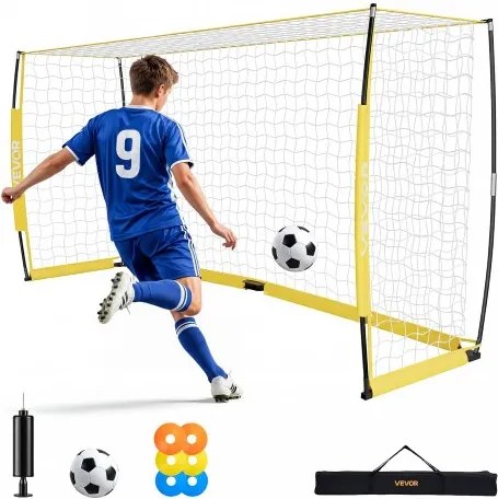 VEVOR voetbaldoel 3,6 x 1,8 m, opvouwbaar voetbaldoel met glasvezelframe, geel, voor voetbalvelden, parken en scholen, polyester net tot 113 km/u, grondankers, metalen voet en Oxford opbergtas