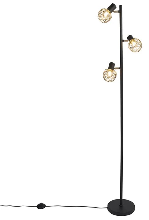 Design vloerlamp zwart met goud 3-lichts verstelbaar - Mesh