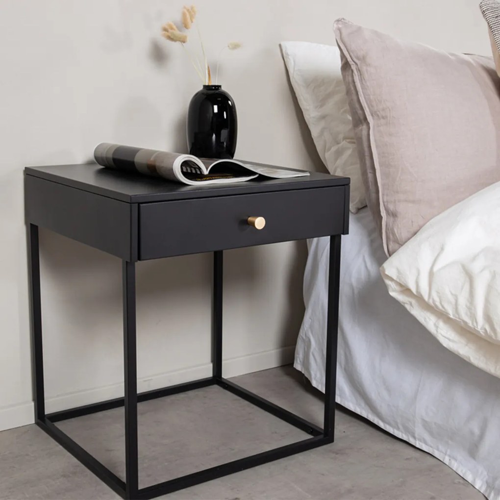 Metalen Nachtkastje Met Lade Zwart - 41x41x50cm.