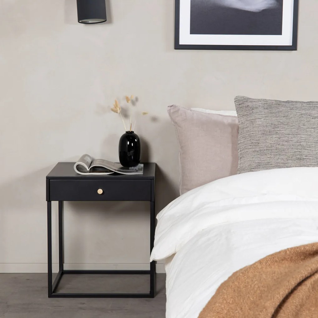 Metalen Nachtkastje Met Lade Zwart - 41x41x50cm.