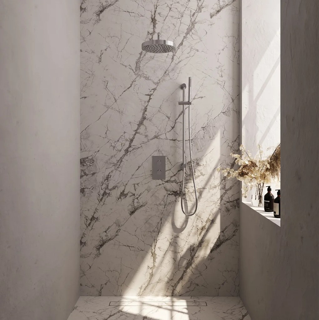 Brauer Stripe inbouw regendouche met 25cm hoofddouche, met gebogen muurarm, glijstang en staafhanddouche set 20 chroom