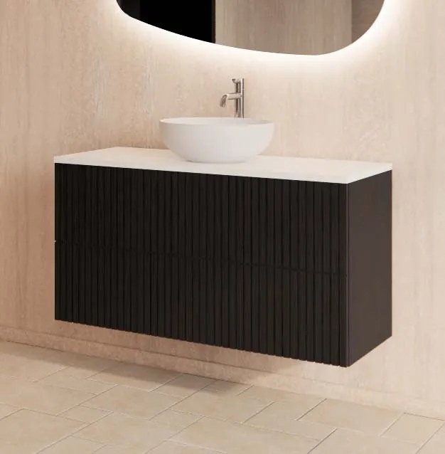 Gliss Design Hybris badkamermeubel met ribbelfront en wit glans toppaneel 100cm black veneer