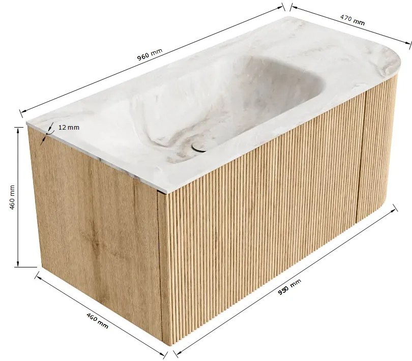 Mondiaz Kurve-dlux 95cm badmeubel ronding rechts walnut met 1 lade en deur en wastafel big small kraangat links frappe