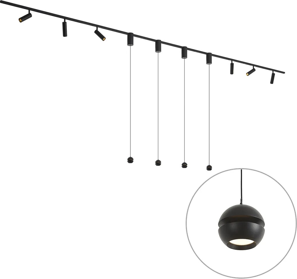 Modern railsysteem zwart met 6 spots en 4 hanglampen easylift 1-fase - Slimline Uzzy Tira