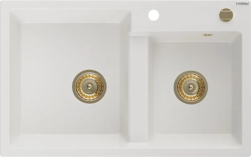 Mexen Tomas granit gootsteen 2-kamers 800 x 500 mm, wit, gouden sifon - 6516802000-20-G