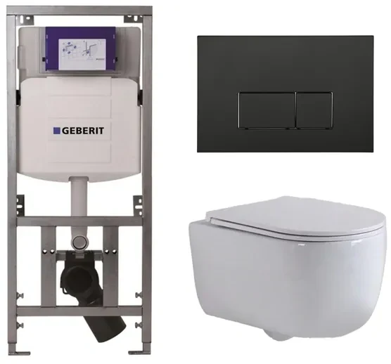 QeramiQ Dely Swirl Toiletset - 36.3x51.7cm - Geberit UP320 Burda inbouwreservoir - slim zitting - mat zwarte bedieningsplaat - rechthoekige knoppen - wit mat SW1000766/Sw1026257/0701131/SW706189