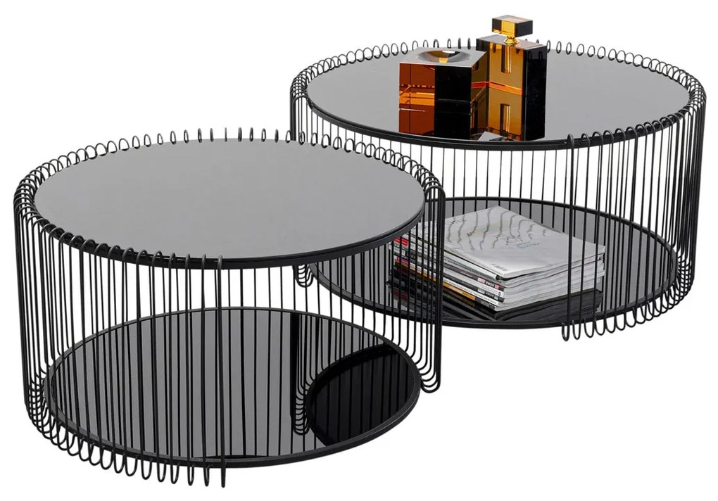 Kare Design Wire Double Ronde Salontafel Set Met Glasplaat Zwart - 69.5 X 69.5cm.