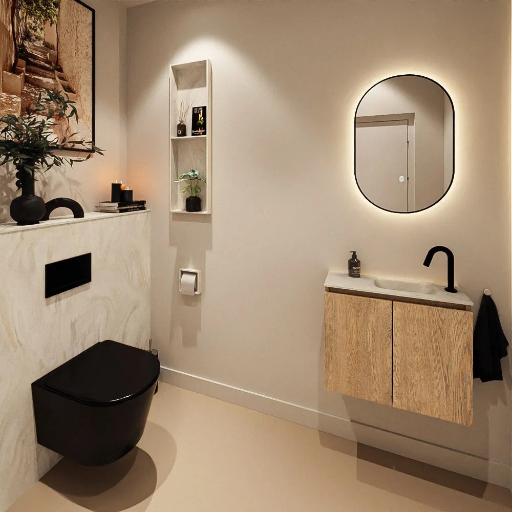 Mondiaz Ture DLux toiletmeubel 60cm washed oak met wastafel ostra rechts met kraangat