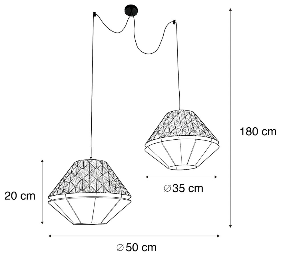 Hanglamp zwart met dubbele velours lampenkap blad dessin en beige 2-lichts - Cava Luxe Klassiek / Antiek Minimalistisch E27 rond Binnenverlichting Lamp