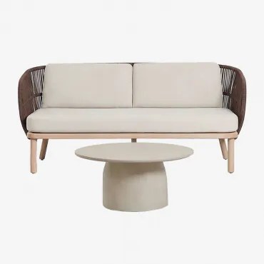 Woonkamerset Met 2-zits Bank In Capri Gevlochten Touw En Ronde Salontafel Ø75 Cm In Layana Cement Bruin – Chocolade - Sklum