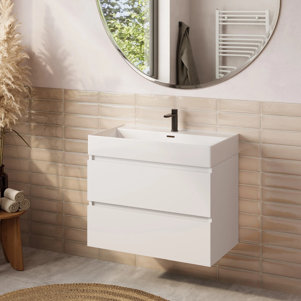 Plieger Kansas badmeubel 80cm met glans witte wastafel en kraangat wit mat