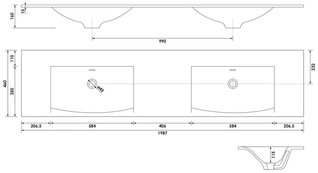 Brauer Glacier dubbele wastafel fine stone 200cm zonder kraangaten wit mat