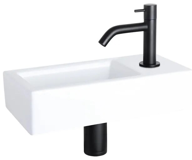 Differnz Ravo fonteinset - 38.5x18.5x9.5cm - Rechthoek - 1 kraangat - Gebogen matte zwarte kraan - Keramiek Wit SW499009/SW529054/SW542371/SW796275