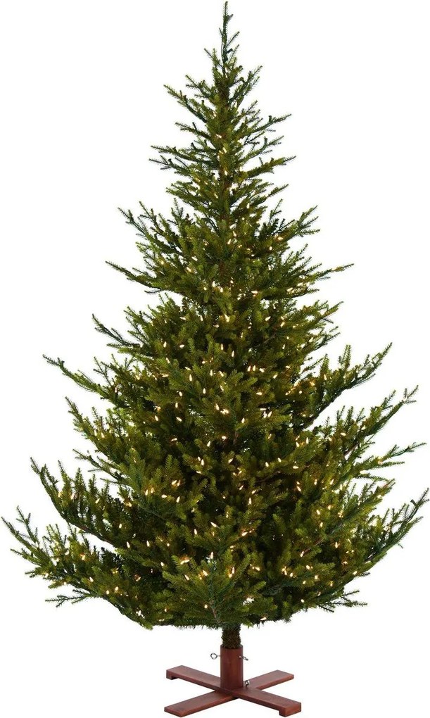 Sami Mountain Spruce Wood verlichte kunstkerstboom - 183 cm - Donkergroen - Diameter 124 cm - 3088 tips - 500 ledlampjes (warm wit) - Houten voet