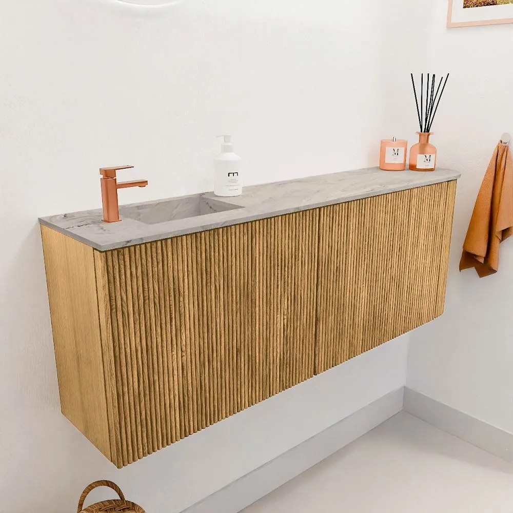Mondiaz Joya DLux 110cm toiletmeubel ronding rechts oak met wastafel faye links 1 kraangat glace