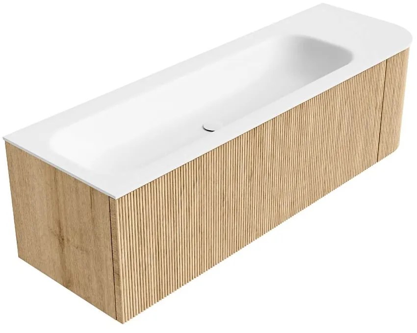 Mondiaz Kurve 145cm badmeubel ronding rechts oak met 1 lade en deur en wastafel big large links zonder kraangat