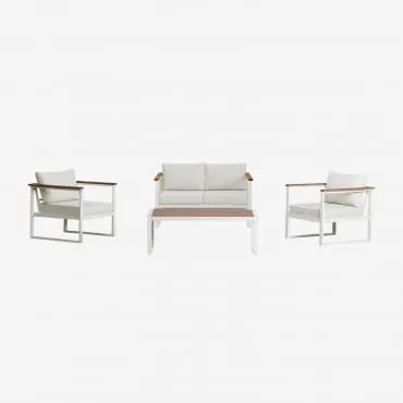 Tuinset Met 2-zitsbank, 2 Fauteuils En Salontafel In Aluminium En Lipov Acaciahout Gardenia Wit - Sklum