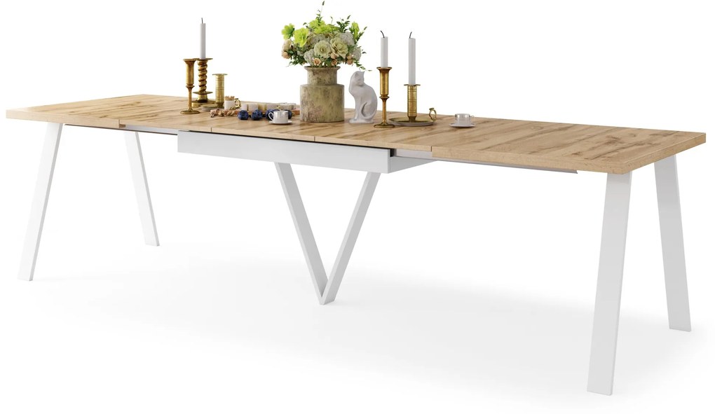 AVERY eiken Wotan/ onderkant wit - LOFT/INDUSTRIËLE TAFEL VOOR WOONKAMER / EETKAMER UITKLAPBAAR TOT 330 cm!