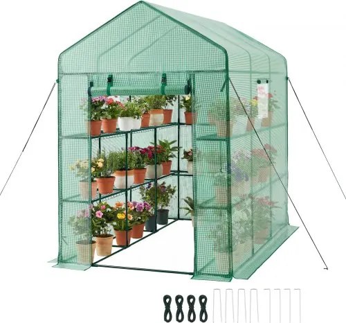 VEVOR Kas 137x206x196 cm, Foliekas, Tomatenkas, Tomatenkas met ramen, PE-hoes, 2 verdiepingen, 14 schappen, Roldeur met ritssluiting, Kas voor de tuin