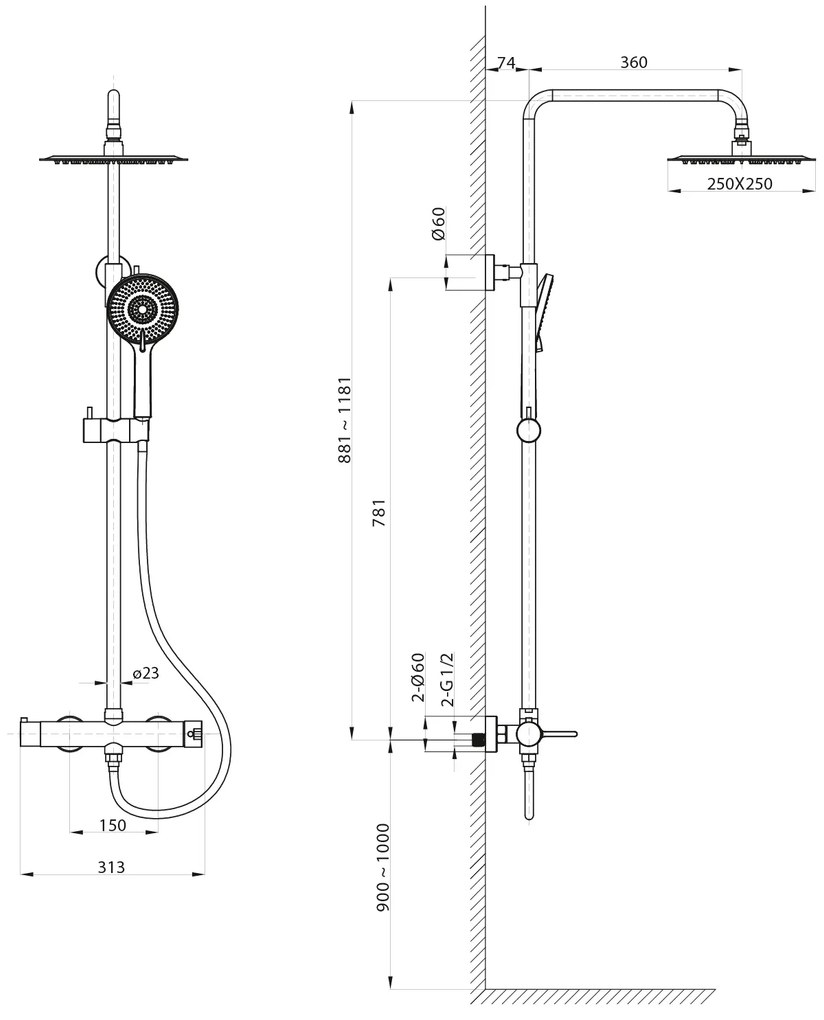 Sapho Iconic opbouw regendouche 25cm met thermostaatkraan zwart mat