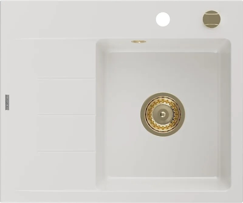 Mexen Ben granitische spoelbak met 1 bak en afdruiprek, rechts 600 x 500 mm, wit, gouden sifon - 6523605000-20-G